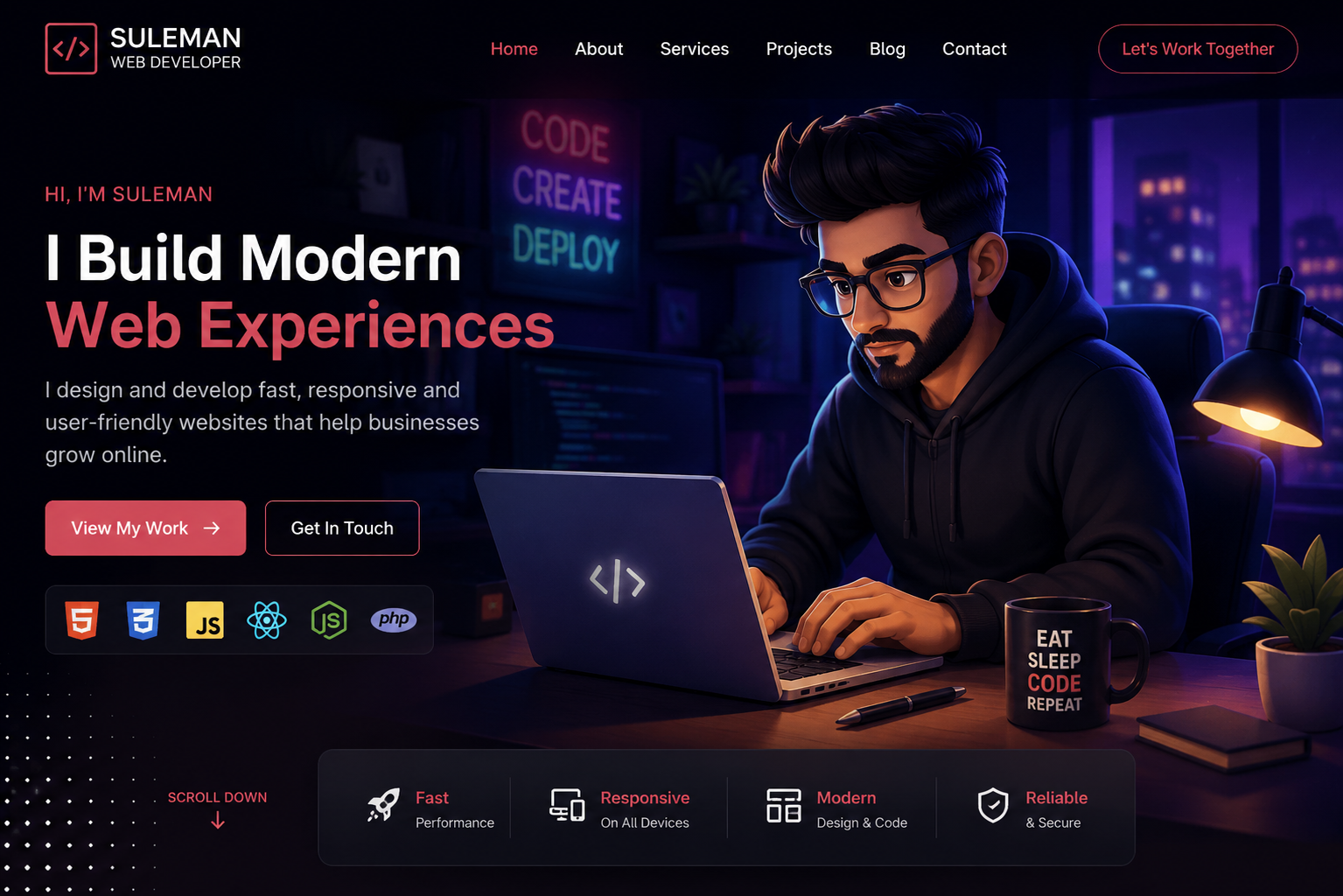 Cartoon illustration of Suleman working at a development and automation workstation